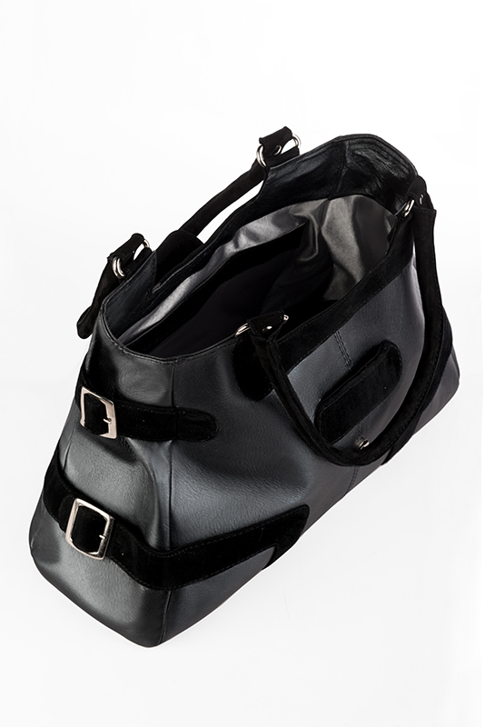 Matt black women's dress handbag, matching pumps and belts. Top view - Florence KOOIJMAN